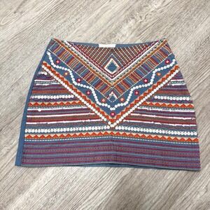Talori Womens Blue Embroidered Sequin Mini Skirt Boho Cotton Size M BJWS6008